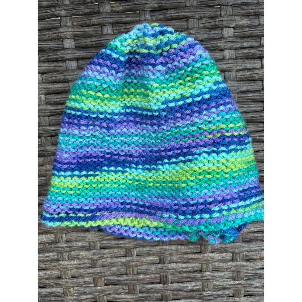 Handmade Kids Knit Beanie Blue Green Purple Striped Flower Winter Hat